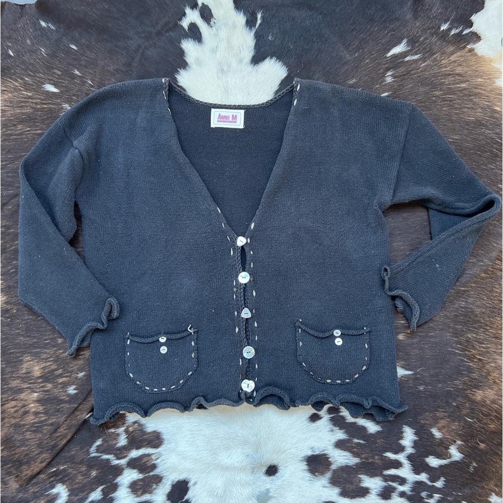 80s 90s Vintage Annie M Knitwear cottagecore black frilly button cardigan